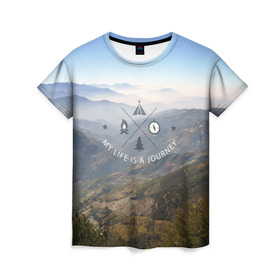 Женская футболка 3D с принтом горы в Санкт-Петербурге, 100% полиэфир ( синтетическое хлопкоподобное полотно) | прямой крой, круглый вырез горловины, длина до линии бедер | горы | лес | море | охота | приключения | природа | рыбалка | свобода | скалы | туман | туризм | экстрим