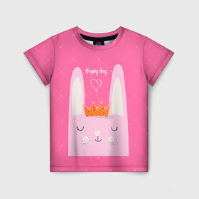 Детская футболка 3D с принтом Милый зайчик в Санкт-Петербурге, 100% гипоаллергенный полиэфир | прямой крой, круглый вырез горловины, длина до линии бедер, чуть спущенное плечо, ткань немного тянется | девушкам | зайчик | заяц | милый | розовый
