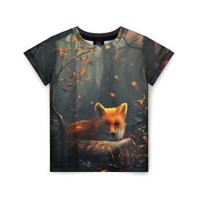 Детская футболка 3D с принтом Лиса в Санкт-Петербурге, 100% гипоаллергенный полиэфир | прямой крой, круглый вырез горловины, длина до линии бедер, чуть спущенное плечо, ткань немного тянется | autum | forest | fox | лес | лиса | осень