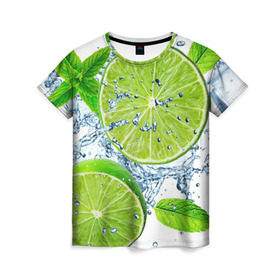 Женская футболка 3D с принтом Свежесть лайма в Санкт-Петербурге, 100% полиэфир ( синтетическое хлопкоподобное полотно) | прямой крой, круглый вырез горловины, длина до линии бедер | бармен | витамины | диета | коктель | куб | лед | мороз | новинки | холодный | цвет