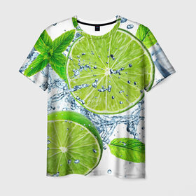 Мужская футболка 3D с принтом Свежесть лайма в Санкт-Петербурге, 100% полиэфир | прямой крой, круглый вырез горловины, длина до линии бедер | бармен | витамины | диета | коктель | куб | лед | мороз | новинки | холодный | цвет