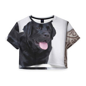 Женская футболка 3D укороченная с принтом Черный лабрадор в Санкт-Петербурге, 100% полиэстер | круглая горловина, длина футболки до линии талии, рукава с отворотами | Тематика изображения на принте: большая | золотистый | лабрадор | лабрадоры | палевый | песик | ретривер | собака | собаки