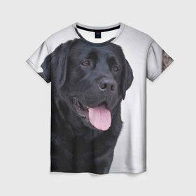 Женская футболка 3D с принтом Черный лабрадор в Санкт-Петербурге, 100% полиэфир ( синтетическое хлопкоподобное полотно) | прямой крой, круглый вырез горловины, длина до линии бедер | большая | золотистый | лабрадор | лабрадоры | палевый | песик | ретривер | собака | собаки