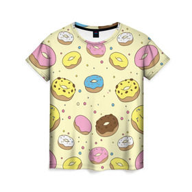 Женская футболка 3D с принтом Сладкие пончики в Санкт-Петербурге, 100% полиэфир ( синтетическое хлопкоподобное полотно) | прямой крой, круглый вырез горловины, длина до линии бедер | Тематика изображения на принте: булочки | гомер симпсон | еда | пончики | сладости
