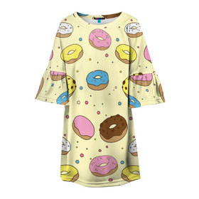 Детское платье 3D с принтом Сладкие пончики в Санкт-Петербурге, 100% полиэстер | прямой силуэт, чуть расширенный к низу. Круглая горловина, на рукавах — воланы | булочки | гомер симпсон | еда | пончики | сладости