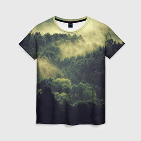Женская футболка 3D с принтом туманный лес в Санкт-Петербурге, 100% полиэфир ( синтетическое хлопкоподобное полотно) | прямой крой, круглый вырез горловины, длина до линии бедер | горы | лес | море | охота | приключения | природа | рыбалка | свобода | скалы | туман | туризм | экстрим
