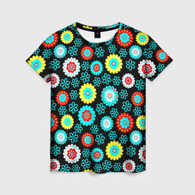 Женская футболка 3D с принтом Цветочки в Санкт-Петербурге, 100% полиэфир ( синтетическое хлопкоподобное полотно) | прямой крой, круглый вырез горловины, длина до линии бедер | паттерн | разноцветный | цветы | яркий