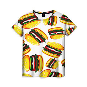 Женская футболка 3D с принтом Гамбургер в Санкт-Петербурге, 100% полиэфир ( синтетическое хлопкоподобное полотно) | прямой крой, круглый вырез горловины, длина до линии бедер | fast food | фастфуд