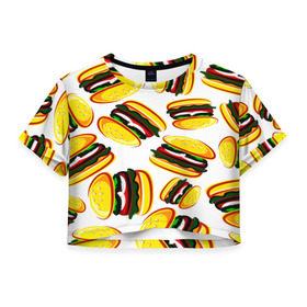 Женская футболка 3D укороченная с принтом Гамбургер в Санкт-Петербурге, 100% полиэстер | круглая горловина, длина футболки до линии талии, рукава с отворотами | fast food | фастфуд