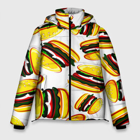 Мужская зимняя куртка 3D с принтом Гамбургер в Санкт-Петербурге, верх — 100% полиэстер; подкладка — 100% полиэстер; утеплитель — 100% полиэстер | длина ниже бедра, свободный силуэт Оверсайз. Есть воротник-стойка, отстегивающийся капюшон и ветрозащитная планка. 

Боковые карманы с листочкой на кнопках и внутренний карман на молнии. | Тематика изображения на принте: fast food | фастфуд
