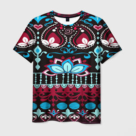 Мужская футболка 3D с принтом India Burgundy в Санкт-Петербурге, 100% полиэфир | прямой крой, круглый вырез горловины, длина до линии бедер | Тематика изображения на принте: орнамент | разноцветный | цветы
