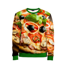 Детский свитшот 3D с принтом Пицца в Санкт-Петербурге, 100% полиэстер | свободная посадка, прямой крой, мягкая тканевая резинка на рукавах и понизу свитшота | базилик | еда | зелень | маслины | оливки | пицца | помидоры
