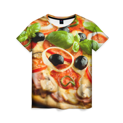 Женская футболка 3D с принтом Пицца в Санкт-Петербурге, 100% полиэфир ( синтетическое хлопкоподобное полотно) | прямой крой, круглый вырез горловины, длина до линии бедер | базилик | еда | зелень | маслины | оливки | пицца | помидоры