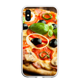 Чехол для iPhone XS Max матовый с принтом Пицца в Санкт-Петербурге, Силикон | Область печати: задняя сторона чехла, без боковых панелей | базилик | еда | зелень | маслины | оливки | пицца | помидоры