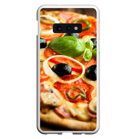Чехол для Samsung S10E с принтом Пицца в Санкт-Петербурге, Силикон | Область печати: задняя сторона чехла, без боковых панелей | базилик | еда | зелень | маслины | оливки | пицца | помидоры