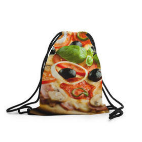 Рюкзак-мешок 3D с принтом Пицца в Санкт-Петербурге, 100% полиэстер | плотность ткани — 200 г/м2, размер — 35 х 45 см; лямки — толстые шнурки, застежка на шнуровке, без карманов и подкладки | базилик | еда | зелень | маслины | оливки | пицца | помидоры
