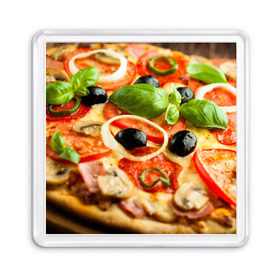 Магнит 55*55 с принтом Пицца в Санкт-Петербурге, Пластик | Размер: 65*65 мм; Размер печати: 55*55 мм | базилик | еда | зелень | маслины | оливки | пицца | помидоры