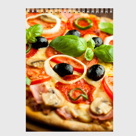 Скетчбук с принтом Пицца в Санкт-Петербурге, 100% бумага
 | 48 листов, плотность листов — 100 г/м2, плотность картонной обложки — 250 г/м2. Листы скреплены сверху удобной пружинной спиралью | базилик | еда | зелень | маслины | оливки | пицца | помидоры