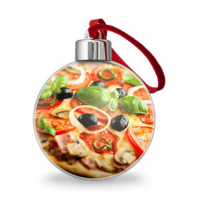 Ёлочный шар с принтом Пицца в Санкт-Петербурге, Пластик | Диаметр: 77 мм | базилик | еда | зелень | маслины | оливки | пицца | помидоры