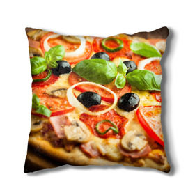 Подушка 3D с принтом Пицца в Санкт-Петербурге, наволочка – 100% полиэстер, наполнитель – холлофайбер (легкий наполнитель, не вызывает аллергию). | состоит из подушки и наволочки. Наволочка на молнии, легко снимается для стирки | базилик | еда | зелень | маслины | оливки | пицца | помидоры