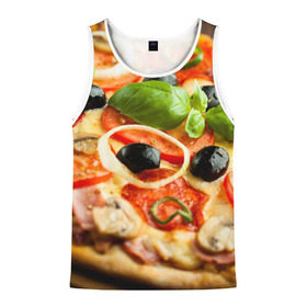Мужская майка 3D с принтом Пицца в Санкт-Петербурге, 100% полиэстер | круглая горловина, приталенный силуэт, длина до линии бедра. Пройма и горловина окантованы тонкой бейкой | базилик | еда | зелень | маслины | оливки | пицца | помидоры