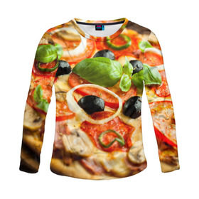Женский лонгслив 3D с принтом Пицца в Санкт-Петербурге, 100% полиэстер | длинные рукава, круглый вырез горловины, полуприлегающий силуэт | базилик | еда | зелень | маслины | оливки | пицца | помидоры