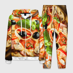 Мужской костюм 3D с принтом Пицца в Санкт-Петербурге, 100% полиэстер | Манжеты и пояс оформлены тканевой резинкой, двухслойный капюшон со шнурком для регулировки, карманы спереди | базилик | еда | зелень | маслины | оливки | пицца | помидоры
