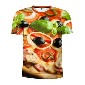 Мужская футболка 3D спортивная с принтом Пицца в Санкт-Петербурге, 100% полиэстер с улучшенными характеристиками | приталенный силуэт, круглая горловина, широкие плечи, сужается к линии бедра | базилик | еда | зелень | маслины | оливки | пицца | помидоры