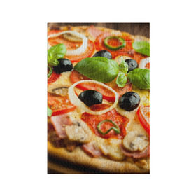 Обложка для паспорта матовая кожа с принтом Пицца в Санкт-Петербурге, натуральная матовая кожа | размер 19,3 х 13,7 см; прозрачные пластиковые крепления | Тематика изображения на принте: базилик | еда | зелень | маслины | оливки | пицца | помидоры