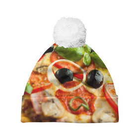 Шапка 3D c помпоном с принтом Пицца в Санкт-Петербурге, 100% полиэстер | универсальный размер, печать по всей поверхности изделия | базилик | еда | зелень | маслины | оливки | пицца | помидоры