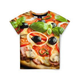 Детская футболка 3D с принтом Пицца в Санкт-Петербурге, 100% гипоаллергенный полиэфир | прямой крой, круглый вырез горловины, длина до линии бедер, чуть спущенное плечо, ткань немного тянется | базилик | еда | зелень | маслины | оливки | пицца | помидоры