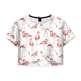 Женская футболка 3D укороченная с принтом Узор из фламинго в Санкт-Петербурге, 100% полиэстер | круглая горловина, длина футболки до линии талии, рукава с отворотами | животные | мозаика | птицы | узор | фауна | фламинго