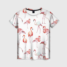 Женская футболка 3D с принтом Узор из фламинго в Санкт-Петербурге, 100% полиэфир ( синтетическое хлопкоподобное полотно) | прямой крой, круглый вырез горловины, длина до линии бедер | животные | мозаика | птицы | узор | фауна | фламинго