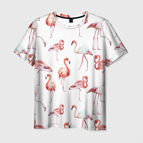 Мужская футболка 3D с принтом Узор из фламинго в Санкт-Петербурге, 100% полиэфир | прямой крой, круглый вырез горловины, длина до линии бедер | животные | мозаика | птицы | узор | фауна | фламинго
