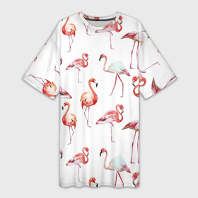 Платье-футболка 3D с принтом Узор из фламинго в Санкт-Петербурге,  |  | животные | мозаика | птицы | узор | фауна | фламинго
