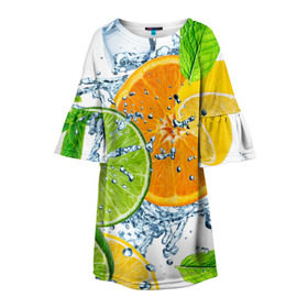 Детское платье 3D с принтом Мятный смузи в Санкт-Петербурге, 100% полиэстер | прямой силуэт, чуть расширенный к низу. Круглая горловина, на рукавах — воланы | Тематика изображения на принте: вода | еда | зима | искусство | лайм | лимон | листья | новинки | природа | солнце | фрукты