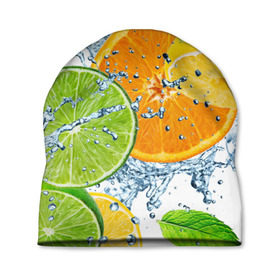 Шапка 3D с принтом Мятный смузи в Санкт-Петербурге, 100% полиэстер | универсальный размер, печать по всей поверхности изделия | Тематика изображения на принте: вода | еда | зима | искусство | лайм | лимон | листья | новинки | природа | солнце | фрукты