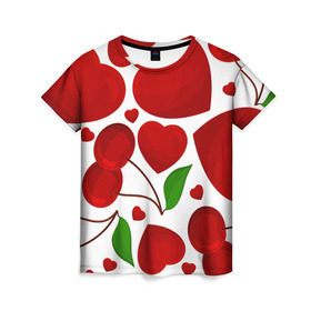 Женская футболка 3D с принтом сердце и вишня в Санкт-Петербурге, 100% полиэфир ( синтетическое хлопкоподобное полотно) | прямой крой, круглый вырез горловины, длина до линии бедер | Тематика изображения на принте: вишня | сердце