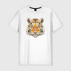 Мужская футболка премиум с принтом Полигональный тигр в Санкт-Петербурге, 92% хлопок, 8% лайкра | приталенный силуэт, круглый вырез ворота, длина до линии бедра, короткий рукав | геометрический рисунок | голова | животные | тигр | фауна