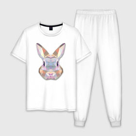Мужская пижама хлопок с принтом Полигональный кролик в Санкт-Петербурге, 100% хлопок | брюки и футболка прямого кроя, без карманов, на брюках мягкая резинка на поясе и по низу штанин
 | Тематика изображения на принте: геометрический рисунок | голова | животные | кролик | фауна