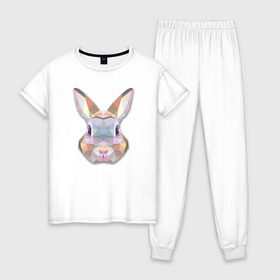 Женская пижама хлопок с принтом Полигональный кролик в Санкт-Петербурге, 100% хлопок | брюки и футболка прямого кроя, без карманов, на брюках мягкая резинка на поясе и по низу штанин | геометрический рисунок | голова | животные | кролик | фауна