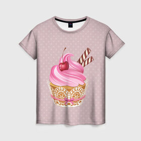 Женская футболка 3D с принтом пироженка в Санкт-Петербурге, 100% полиэфир ( синтетическое хлопкоподобное полотно) | прямой крой, круглый вырез горловины, длина до линии бедер | candy | вишня | еда | конфеты | крем | пироженое | сладости