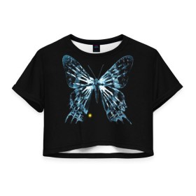 Женская футболка 3D укороченная с принтом За Гранью в Санкт-Петербурге, 100% полиэстер | круглая горловина, длина футболки до линии талии, рукава с отворотами | бабочка | грань | за гранью | кости | рентген