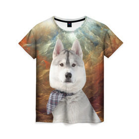 Женская футболка 3D с принтом Хаски в Санкт-Петербурге, 100% полиэфир ( синтетическое хлопкоподобное полотно) | прямой крой, круглый вырез горловины, длина до линии бедер | маламут | песик | собака | собаки | собачка | хаски