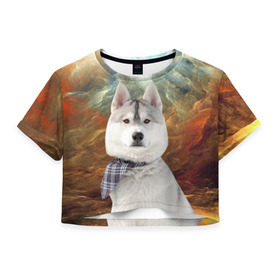 Женская футболка 3D укороченная с принтом Хаски в Санкт-Петербурге, 100% полиэстер | круглая горловина, длина футболки до линии талии, рукава с отворотами | Тематика изображения на принте: маламут | песик | собака | собаки | собачка | хаски