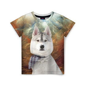 Детская футболка 3D с принтом Хаски в Санкт-Петербурге, 100% гипоаллергенный полиэфир | прямой крой, круглый вырез горловины, длина до линии бедер, чуть спущенное плечо, ткань немного тянется | Тематика изображения на принте: маламут | песик | собака | собаки | собачка | хаски