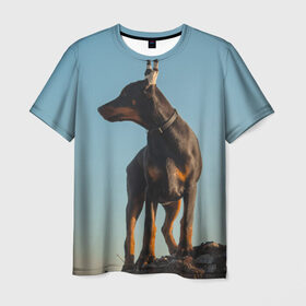 Мужская футболка 3D с принтом Доберман в Санкт-Петербурге, 100% полиэфир | прямой крой, круглый вырез горловины, длина до линии бедер | Тематика изображения на принте: доберман | доберманы | пес | песик | псы | собака | собаки