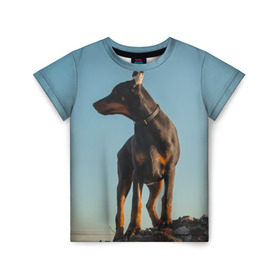 Детская футболка 3D с принтом Доберман в Санкт-Петербурге, 100% гипоаллергенный полиэфир | прямой крой, круглый вырез горловины, длина до линии бедер, чуть спущенное плечо, ткань немного тянется | доберман | доберманы | пес | песик | псы | собака | собаки