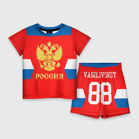 Детский костюм с шортами 3D с принтом Форма № 88 VASILEVSKIY в Санкт-Петербурге,  |  | 88 vasilevskiy | world cup hockey | валилевский андрей | клюшка | кубок мира | россия | сборная россии | хоккейная форма | шайба