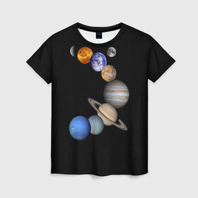 Женская футболка 3D с принтом Парад планет в Санкт-Петербурге, 100% полиэфир ( синтетическое хлопкоподобное полотно) | прямой крой, круглый вырез горловины, длина до линии бедер | звёзды | космическое пространство | космос | планета | созвездие